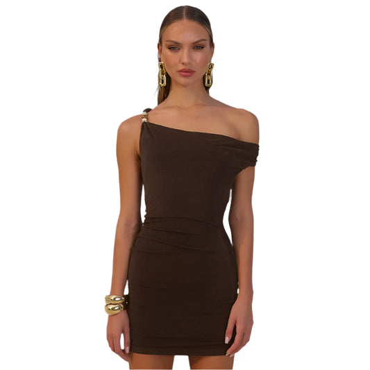 Women Summer Diagonal Shoulder Dress | Asymmetrical Mini Dress