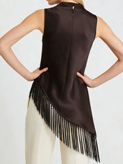Women Summer Satin Tassel Hem Top | Brown | Sleeveless | High Neck | Long Tank Top