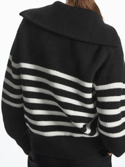 Women Classic Quarter Zip Pullover | Striped Turtleneck Sweater