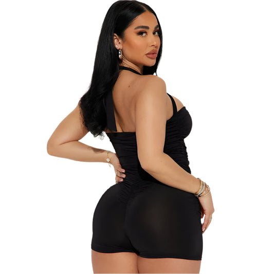 Women Black Skinny Backless Romper with Metal Rings | Club Party Black Overalls | Playsuit