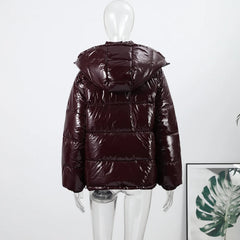 Women Glossy Zipper Hooded Jacket | Windbreaker | Pleated | Short Jacket | Cotton