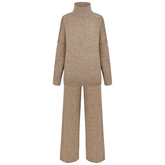 Women Knitted Turtleneck Sweater and High Waisted Trousers Set | Winter Casual Knitwear