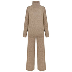 Women Knitted Turtleneck Sweater and High Waisted Trousers Set | Winter Casual Knitwear