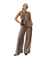 Women Leopard Print Vacation Two-Piece Set | High Waist Wide Leg Pants | Cut Out Bowknot Sleeveless Vest Top