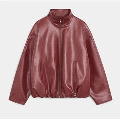 Woman Glossy Leather Two Piece Set | Leather Jacket | Straight Long Leather Skirt | Autumn | Stand Collar Zipper Jacket |