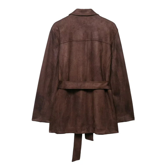 Women Brown Jacket | Long Sleeve | Suede | Belt Jacket