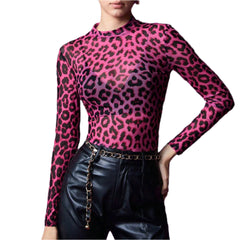 Women Leopard Long Sleeve Mesh Top | Basic Crew Neck Cheetah Print Top | See Through Top