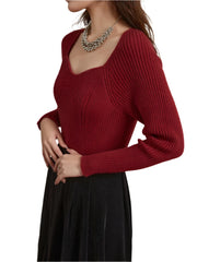 Women Red Knitted Top | Square Neck Winter Sweater Top