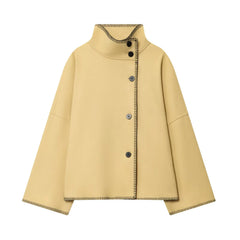 Women Short Jacket | Wide Shoulder | Vintage High Neck | Long Sleeve | Cape Coat