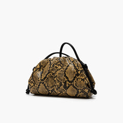 Women Leather Ruched Serpentine Dumpling Bag | Pouch Handbag | Cloud Clutch | Snake Pattern Shoulder Bag | Crossbody Bag