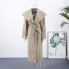 Women Shawl Collar Woolen Coat With Belt | Loose Long Sleeve | Overcoat | Winter Coat