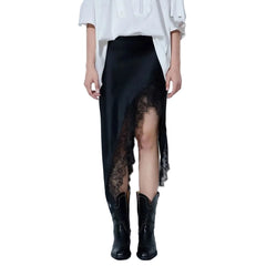 Women Black Satin Midi Skirt | Lace Patchwork | Asymmetrical Skirt | High Waist | Slit