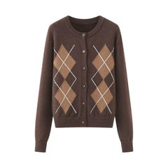 Women Diamond Plaid Round Neck Cardigan | Knitted Sweater | Autumn