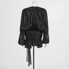 Women Flowy Mini Dress | V Neck | Long Sleeve | Spliced | Lace Up | Blouse Dress