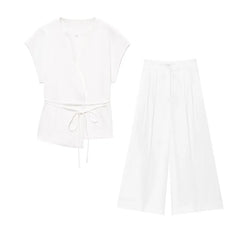 Women Sleeveless V-Neck Top With Belt Straight Pants Set | Top Trouser Suit | 2 Piece Set