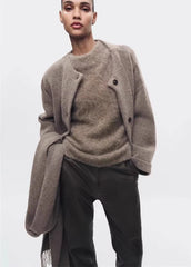 Women Winter Loose Knitted Coat with Scarf | Straight Cut | Long Sleeves | Warm Cardigan