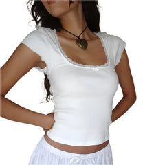 Women Vintage Square Neck Baby Tee | Cottage Lace Short Sleeve Trim Knitted T-Shirt
