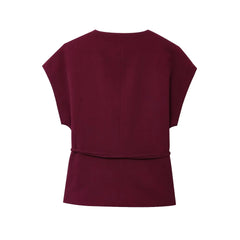 Women Sleeveless V-Neck Top With Belt Straight Pants Set | Top Trouser Suit | 2 Piece Set