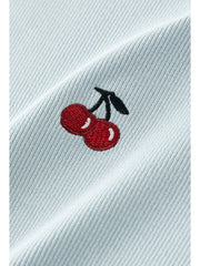 Women Cherry Embroidered Knitted Summer Shirt | Round Neck Ruffled Short-Sleeved T-Shirt