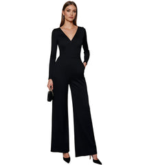 Women Black Jumpsuit | V-Neck Wide Leg Jumpsuit | Long Sleeve Plunge Neck