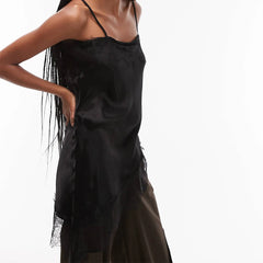 Women Summer Vintage Lace Satin Asymmetrical Slip Top | Tank Top | Sleeveless | Backless | Spaghetti Strap