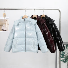 Women Glossy Zipper Hooded Jacket | Windbreaker | Pleated | Short Jacket | Cotton