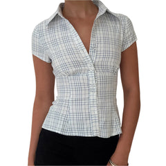 Women Short Sleeve Plaid Button Down Shirt | Button Down Blouse | Fitted Top