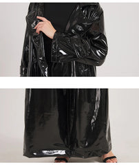 Women Black Shiny Leather Trench Coat | Luxury Designer | Floor Length | Glossy Leather Coat | Reflective | Soft Patent