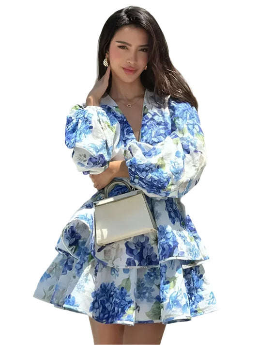 Women Printed Ruffled Layered Mini Dress | V-Neck Puff Sleeves A-Line Short Dress