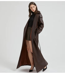 Women Extra Long Leather Trench Coat | Luxury Chic Overcoat | Autumn