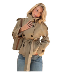 Women Belted Cropped Trench Coat | Autumn | Casual Stand Collar Coat