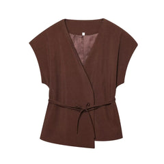 Women Sleeveless V-Neck Top With Belt Straight Pants Set | Top Trouser Suit | 2 Piece Set