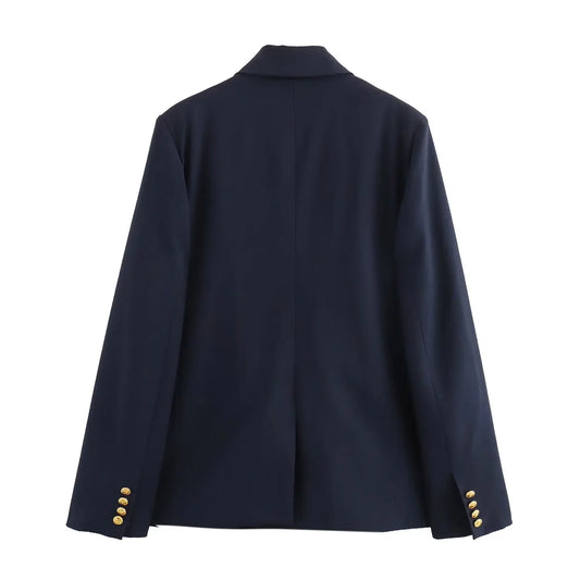 Women Navy Blue Double Breasted Blazer