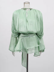 Women Flowy Mini Dress | V Neck | Long Sleeve | Spliced | Lace Up | Blouse Dress