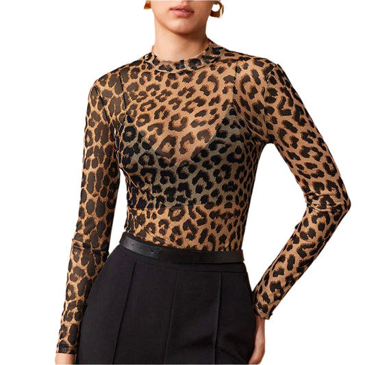Women Leopard Long Sleeve Mesh Top | Basic Crew Neck Cheetah Print Top | See Through Top