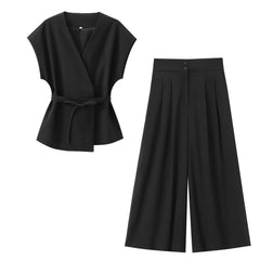 Women Sleeveless V-Neck Top With Belt Straight Pants Set | Top Trouser Suit | 2 Piece Set