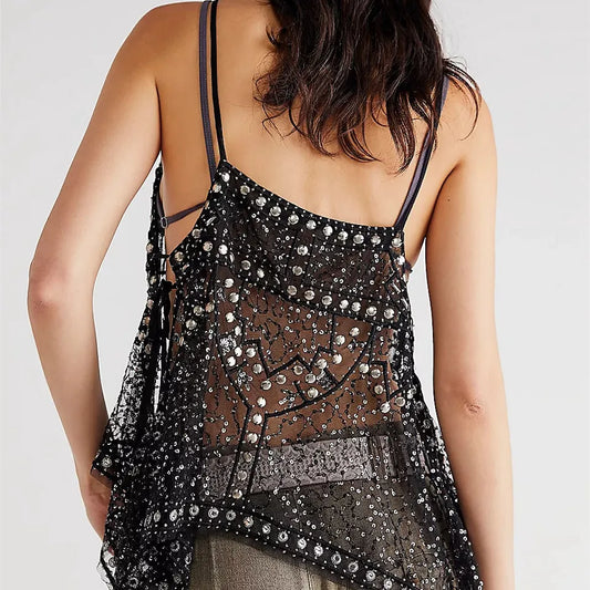 Women Sequin Mesh Tank Top | V Neck | Beaded | Halter Cami Crop Top | Sleeveless | Backless | Y2K