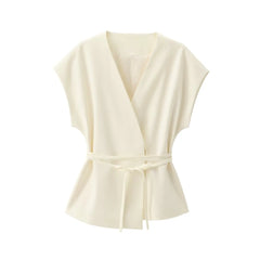 Women Sleeveless V-Neck Top With Belt Straight Pants Set | Top Trouser Suit | 2 Piece Set