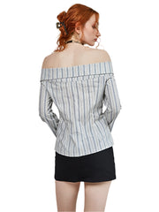 Women Off Shoulder Shirt | Blue White Stripes Long Sleeve Blouse
