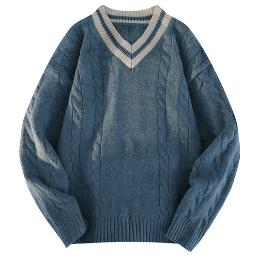 Men Knitted Ribbed Sweater | V-Neck Splicing Knit Pullover
