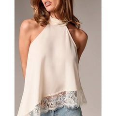 Women Asymmetrical  Lace Satin Top | Silk Vest | Draped Choker | Halter Neck | Cami
