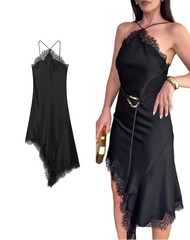 Women Lace Spliced Sling Dress | Sleeveless | Backless | Asymmetrical | Holiday | Party Wear