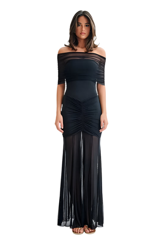 Women Ruffled Mesh Off-Shoulder Maxi Dress | Backless Long Party Dress