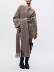 Women Winter Loose Knitted Coat with Scarf | Straight Cut | Long Sleeves | Warm Cardigan