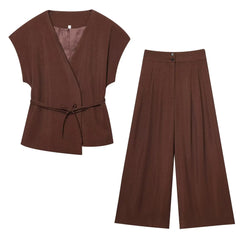 Women Sleeveless V-Neck Top With Belt Straight Pants Set | Top Trouser Suit | 2 Piece Set