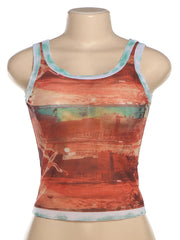 Women Summer Mesh Tank Top | Vintage Print | Crop Top | Tee
