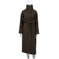 Women Long Cotton Coat | Stand Collar | Single Breasted Coat With Belt