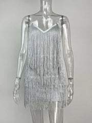 Women Deep V-Neck Dress | Spaghetti Strap | Fringe Bodycon Mini Dress | Tassels | Backless