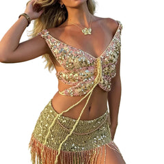 Women Knitted Butterfly Crop Top | Off Shoulder | Sequin Tie-Up Top | Backless