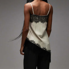 Women Summer Vintage Lace Satin Asymmetrical Slip Top | Tank Top | Sleeveless | Backless | Spaghetti Strap